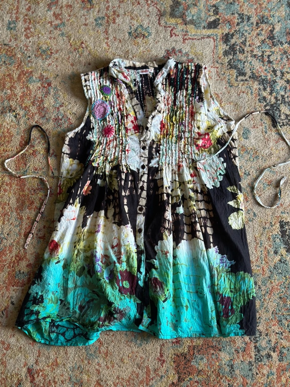 Tianello Sleeveless Boho Tunic in Turquoise & Black with Floral Embroidery